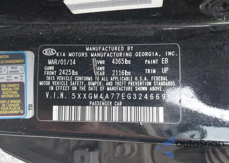 2014 Kia Optima Lx z USA, uszkodzony, nr VIN 5XXGM4A77EG324669